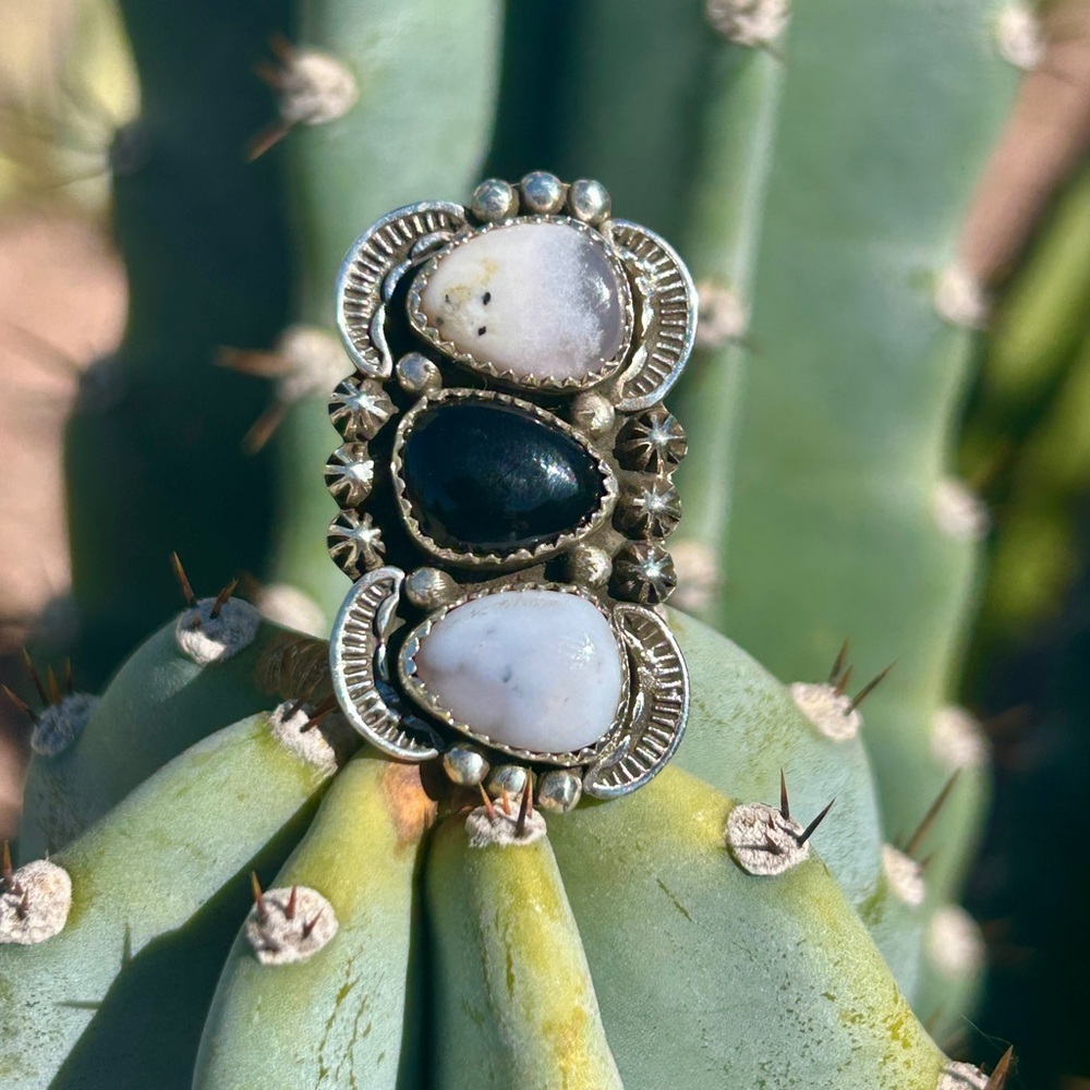 **SOLD Dendritic Opal and Onyx Sterling Silver Handmade Southwest 3 Stone Ring